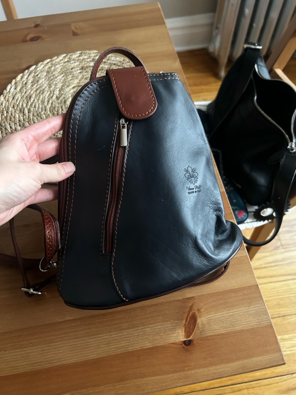 Vera Pelle Black and Brown Leather Sling Backpack